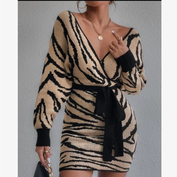Cozy Off Shoulder Zebra Striped Pattern Batwing Sleeve Belted Sweater Dress - Picture 4 of 5